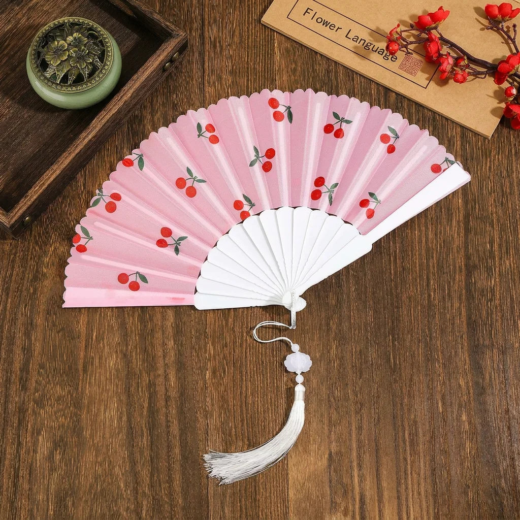 Portable Fruit Pattern Folding Hand Fan Plastic Frame Fabric Fan With Tassel Summer Cooling Fans Dance Performance Home Decor Oasis Select 4