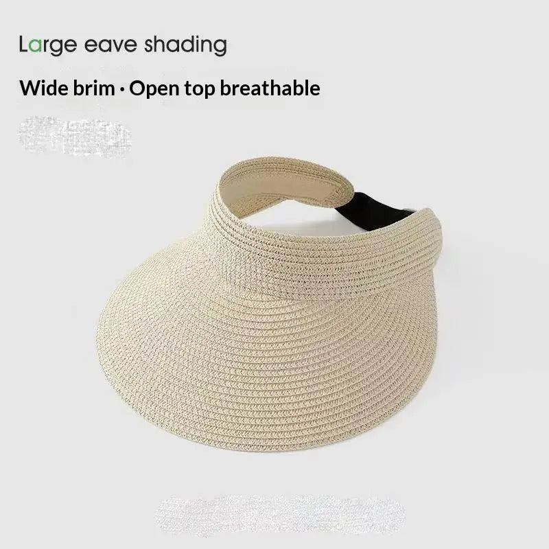 UPF 50+ Wide Brim Straw Visor Hat – Foldable Ponytail Beach Hat