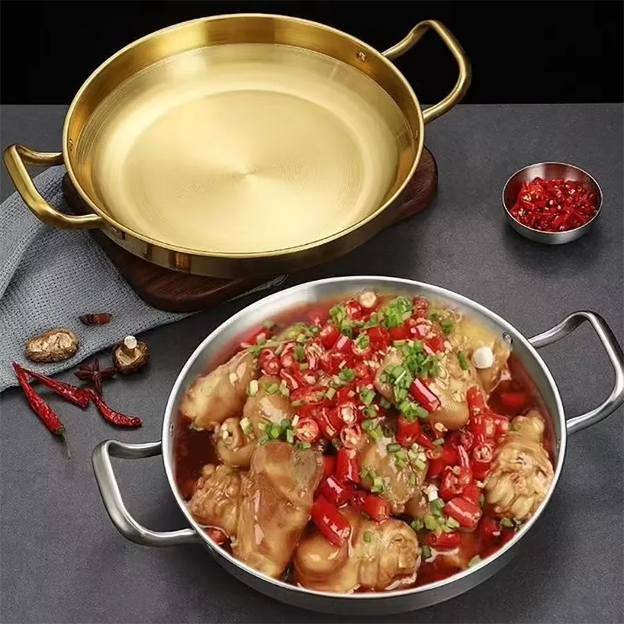 Korean Frying Pan Stainless Steel Paella Pan with Gold Handle Cooking Pot Seafood Rice Pans Non Stick Skillet Kitchen Cookware Oasis Select