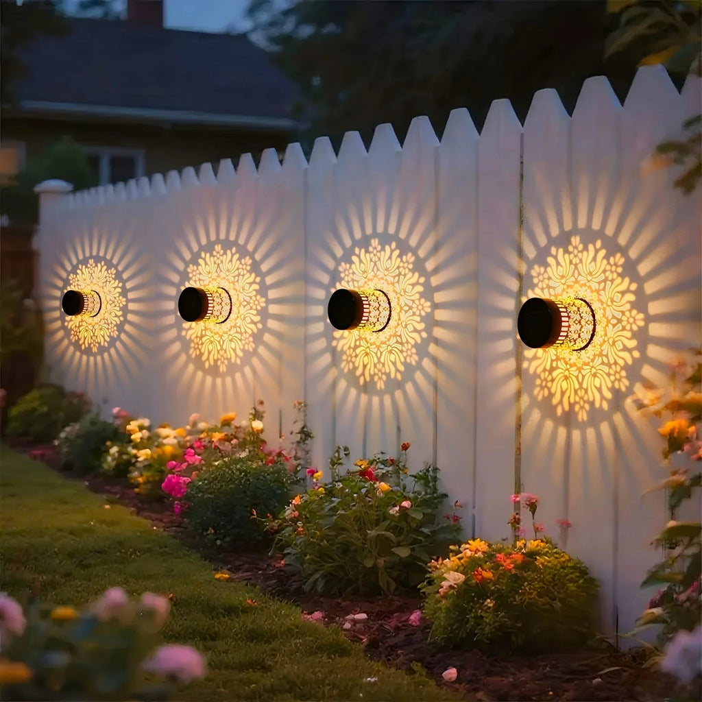 Solar Outdoor Wall Light Projector Waterproof Garden Lamp Patio Fence Decorative Hollow Lantern Lawn Yard Pathway Decor Lighting Oasis Select