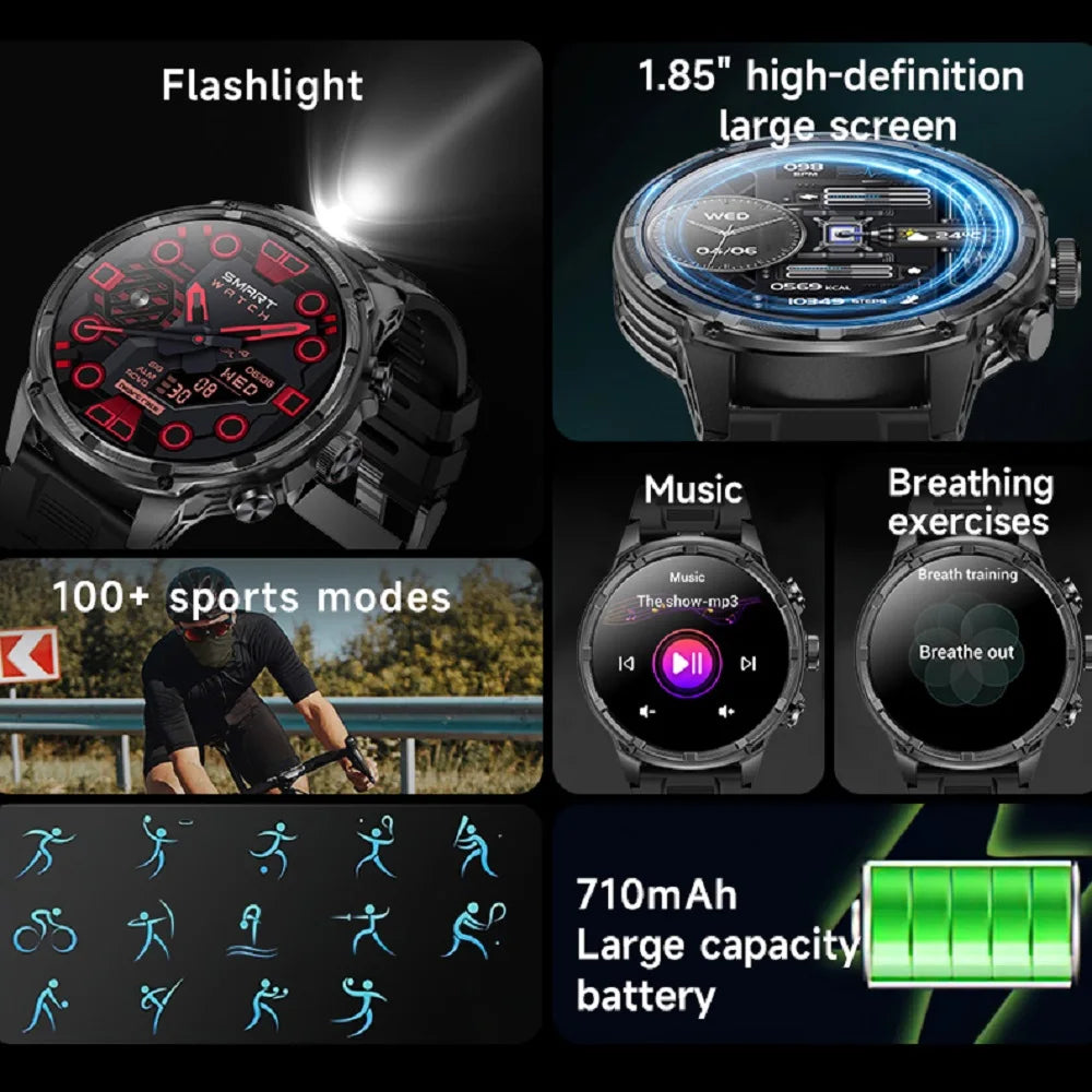 Waterproof Outdoors Smartwatch Flashlight Women Music Sports Blue Tooth Call 710mAh Heart Rate Health Monitor Smart Watches Men Oasis Select
