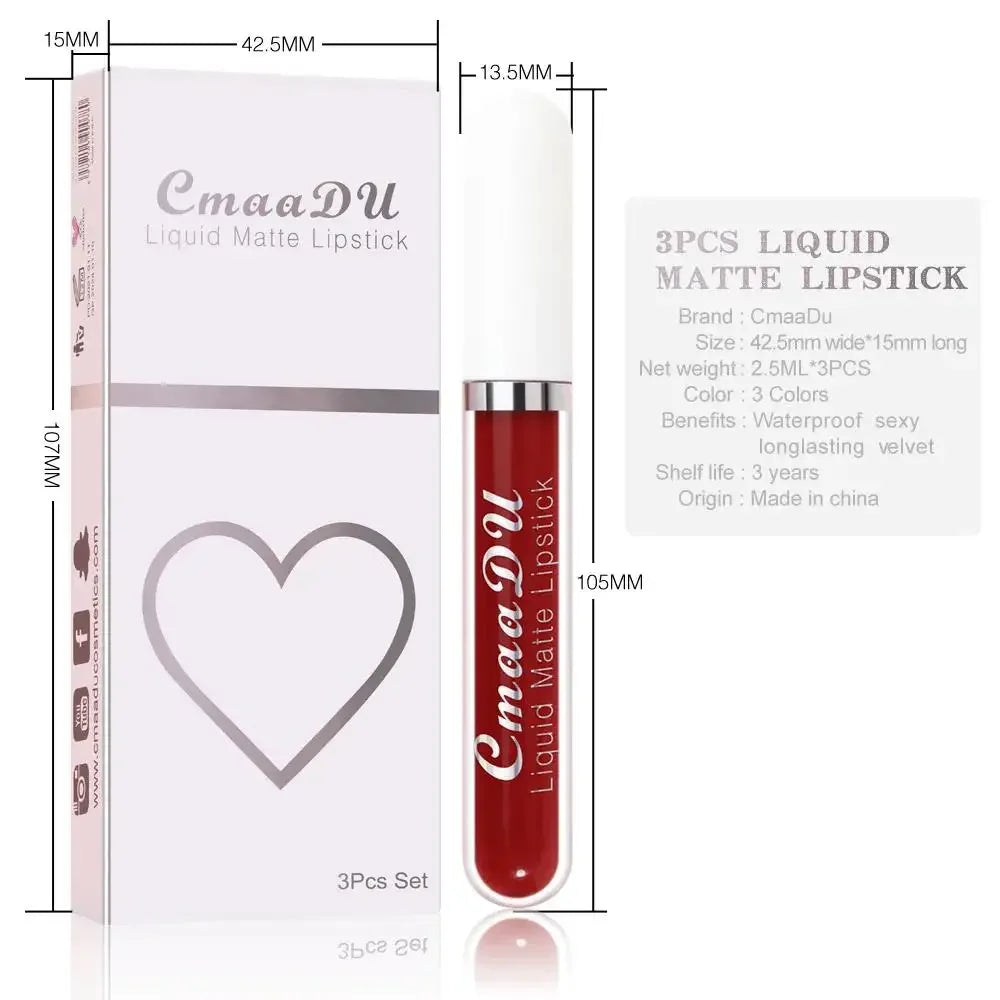 CmaaDu 3-Piece Velvet Matte Liquid Lipstick Set – Waterproof