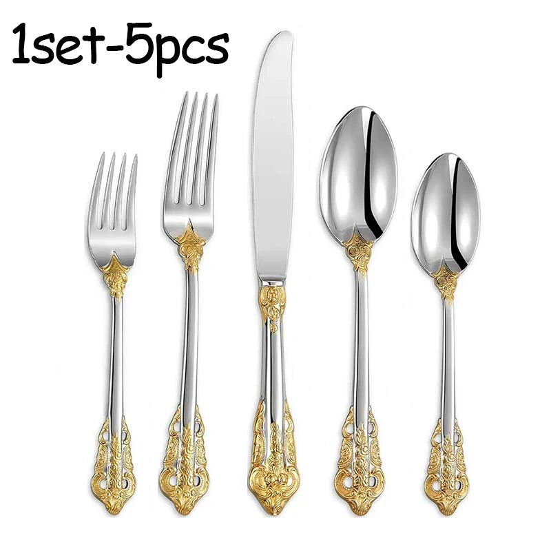 Stainless Steel Dinnerware Sets High-grade Knife Fork And Spoons Cutlery Kits Gold Plated Floral Pattern Tableware Dropship Oasis Select 1set silver golden