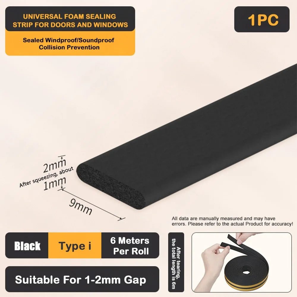 Self Adhesive Weather Stripping Door Seal Strip EPDM Soundproof Weather Stripping Windproof 6Meters Weatherstrip for Window Oasis Select Black - I Type