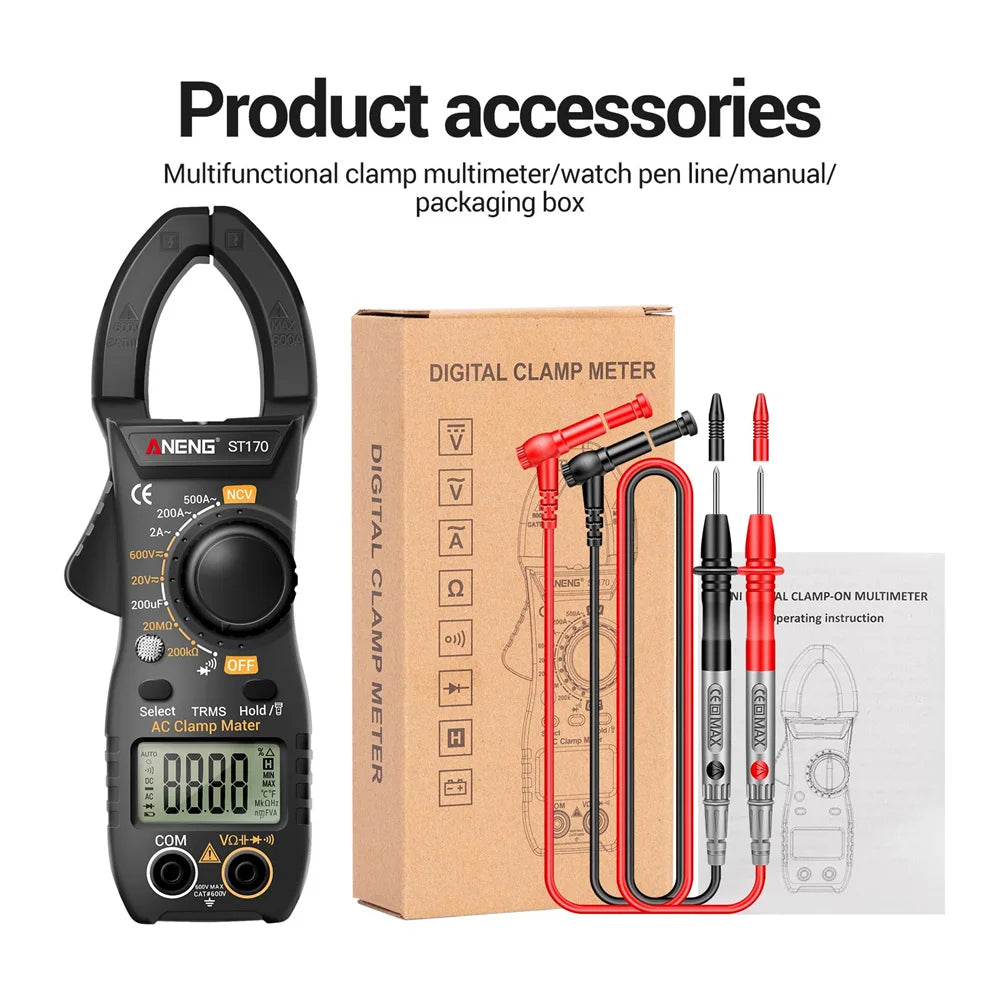 ANENG ST170 Clamp Meter Multimeter Digital Tester 1999 Counts AC/DC Voltage voltmeter Hz Capacitance NCV Ohm Diode Tester Tools Oasis Select Black