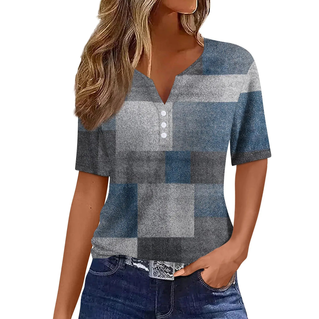 2024 Summer Patchwork T-Shirts Button Tops Womens Casual Short Sleeve Loose Ladies V-Neck Female Street Clothes Pullover Oasis Select