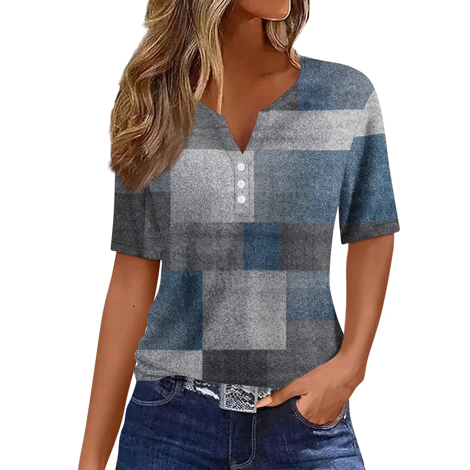 2024 Summer Patchwork T-Shirts Button Tops Womens Casual Short Sleeve Loose Ladies V-Neck Female Street Clothes Pullover Oasis Select