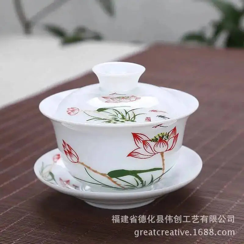 3.8-inch White Porcelain Big Cover Bowl Ceramic Tea Sancai Cover Bowl Blue And White Tea Bowl Oasis Select Fragrant Lotus