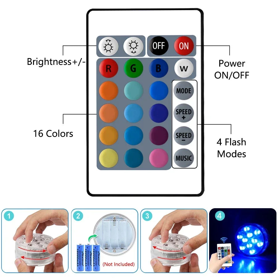 RGB Submersible LED Lights – 10 LED, IP68, Remote Control Underwater LED Light Oasis Select