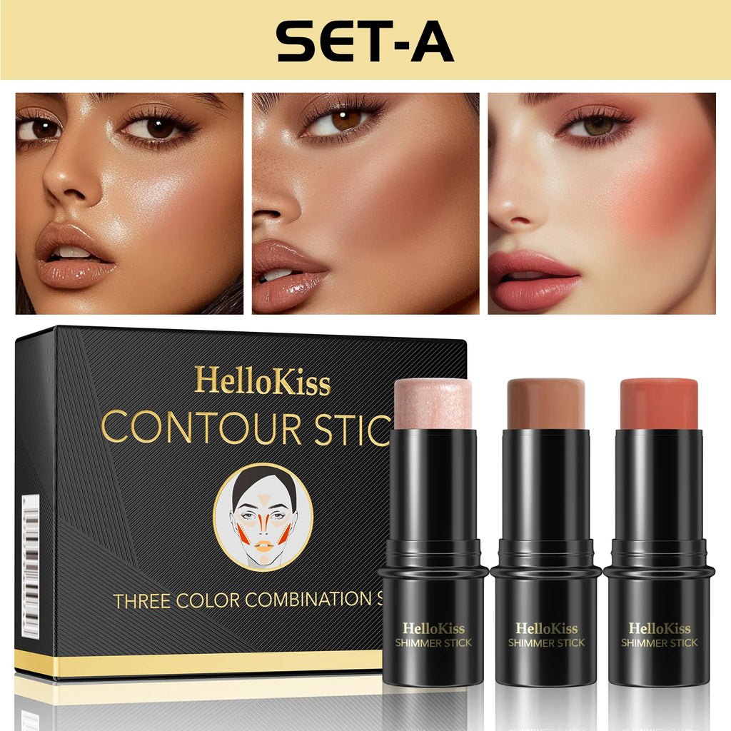3-in-1 Cream Contour, Highlighter & Blush Stick Set with Brush