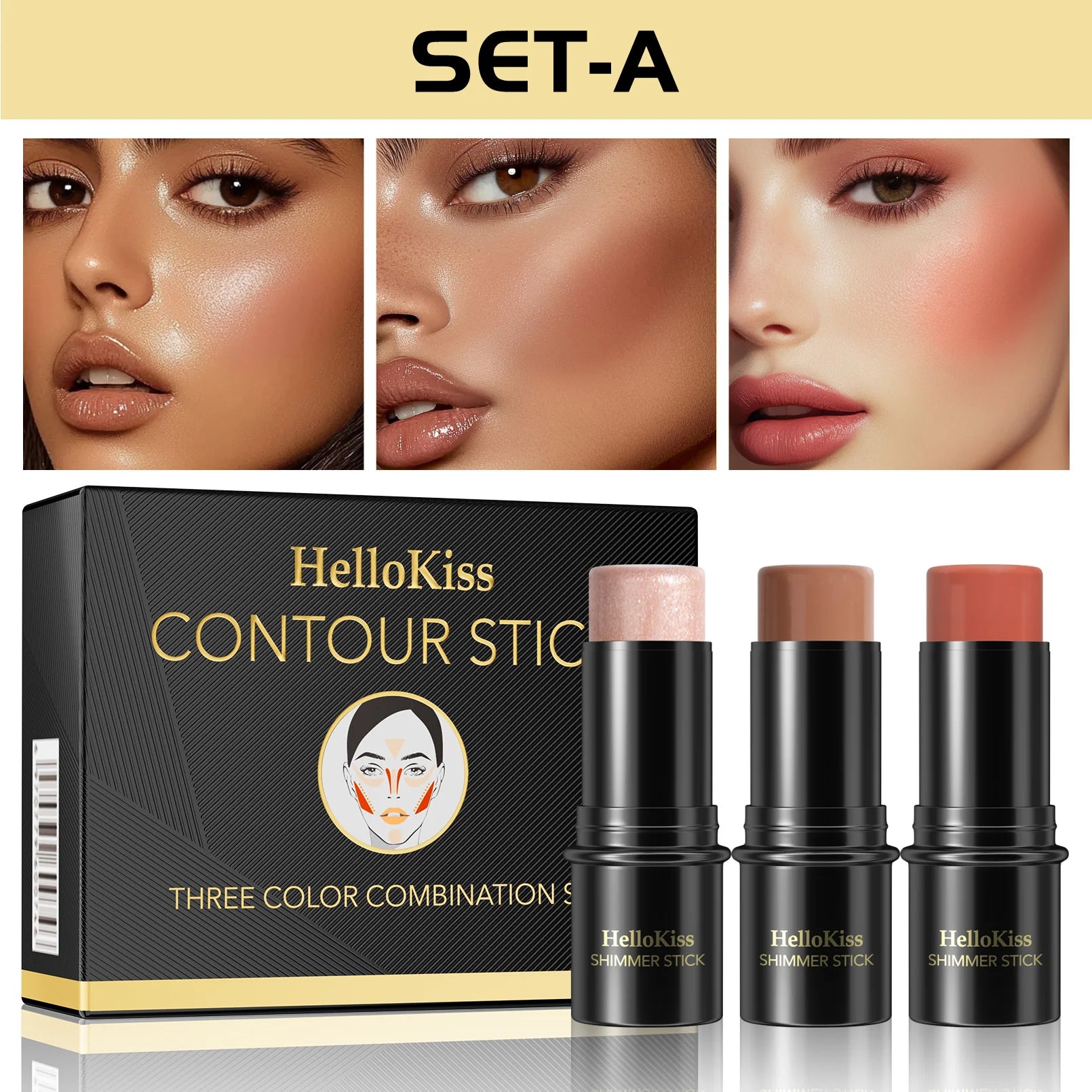 3-in-1 Cream Contour, Highlighter & Blush Stick Set with Brush