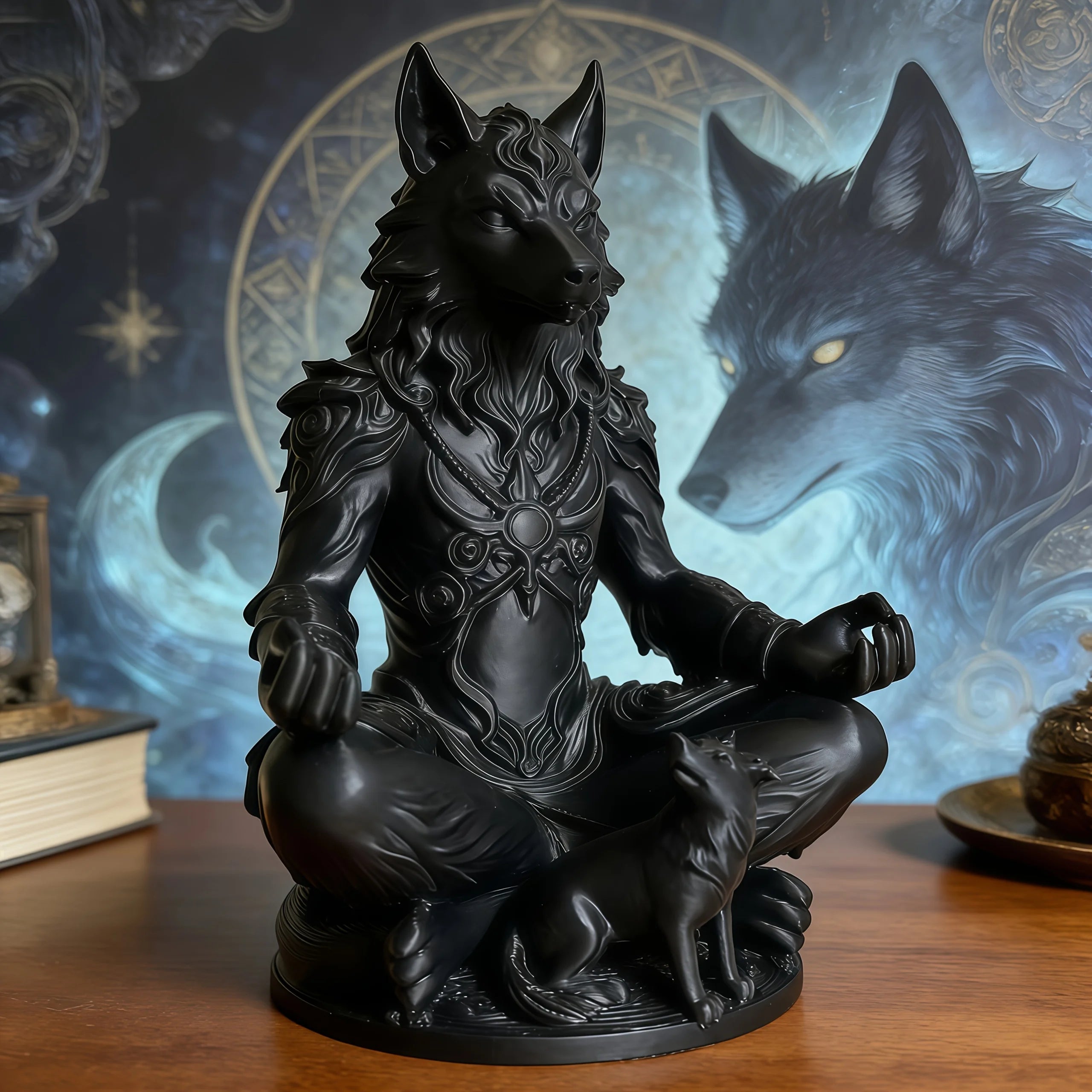 Meditation Wolf Figurines Mystical Werewolf Statue Gothic Style Animal Think Ornaments Home Office Bedroom Yoga Room Decor Gifts Oasis Select