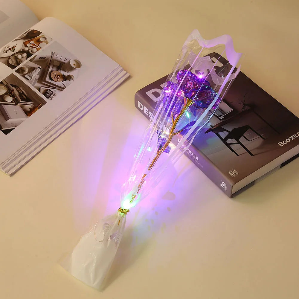 LED Gold Foil Rose with Gift Bag Valentine's Day Mother's Day Teacher's Day Gift Artificial Flower Graduation Gifts for Students Oasis Select Purple