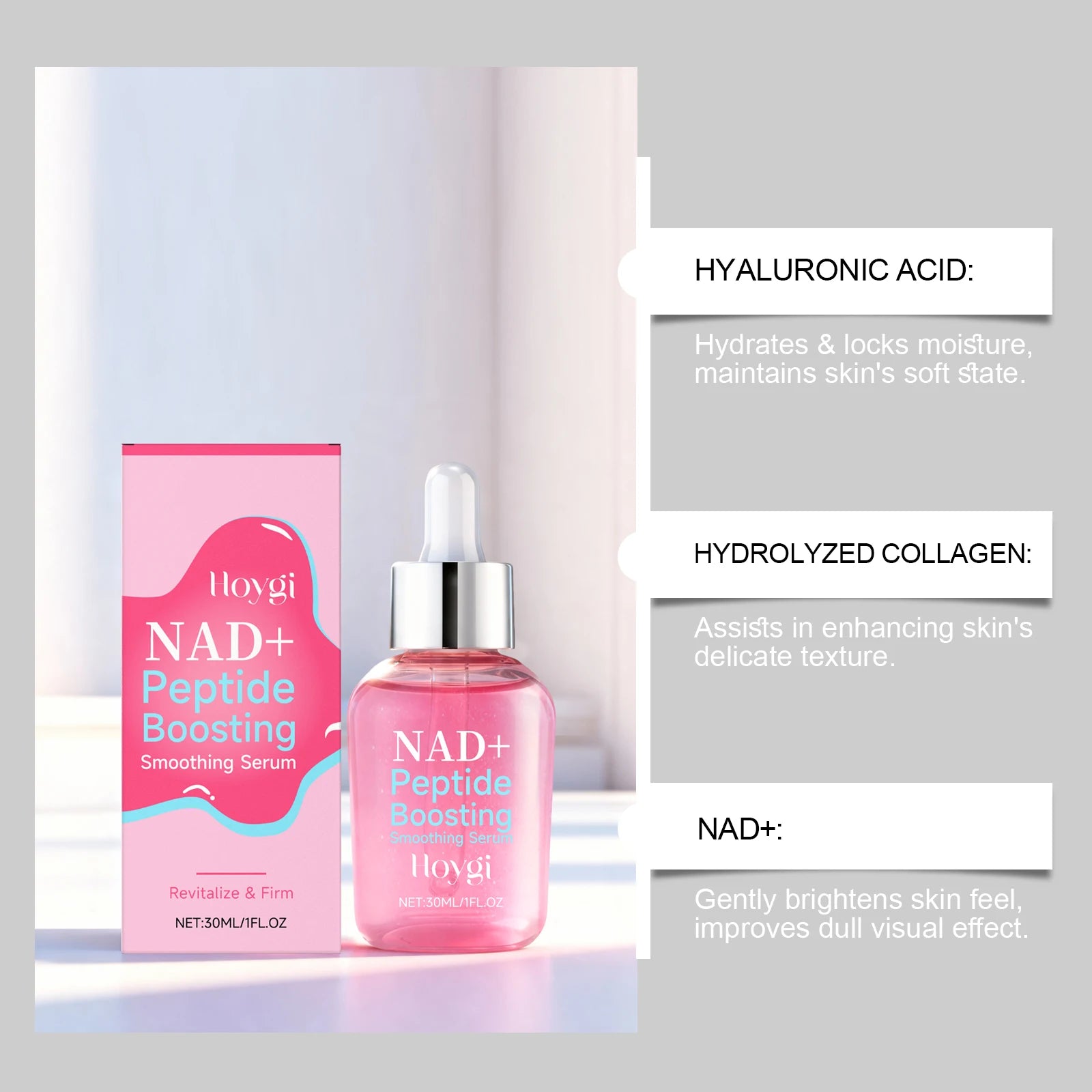 NAD+ Peptide Boosting Smoothing Serum Firming Hydrating Anti-Aging Serum Radiant Glow Face Essence Hyaluronic Acid Brightening Oasis Select