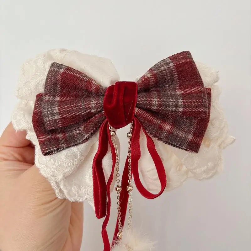 Girls Red Velvet Lace Bow Hair Clip | Korean Princess Hairpin