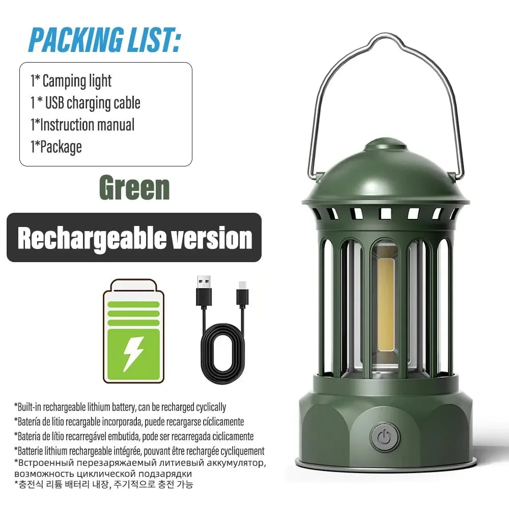 Vintage European Roman Pillar Camping Lantern Flashlight Rechargeable with Hook Warm White Light for Camping And Exploring Oasis Select Green-USB L800BR