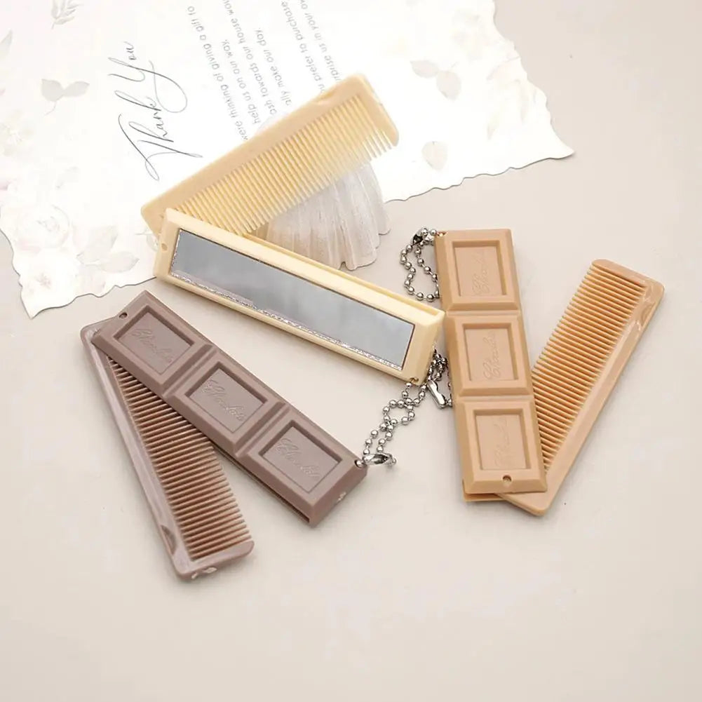 2 in 1 Folding Chocolate-Shaped Folding Comb with Mirror Portable Massage Comb Brush for Salon Travel Hair Smooth Styling Tools Oasis Select