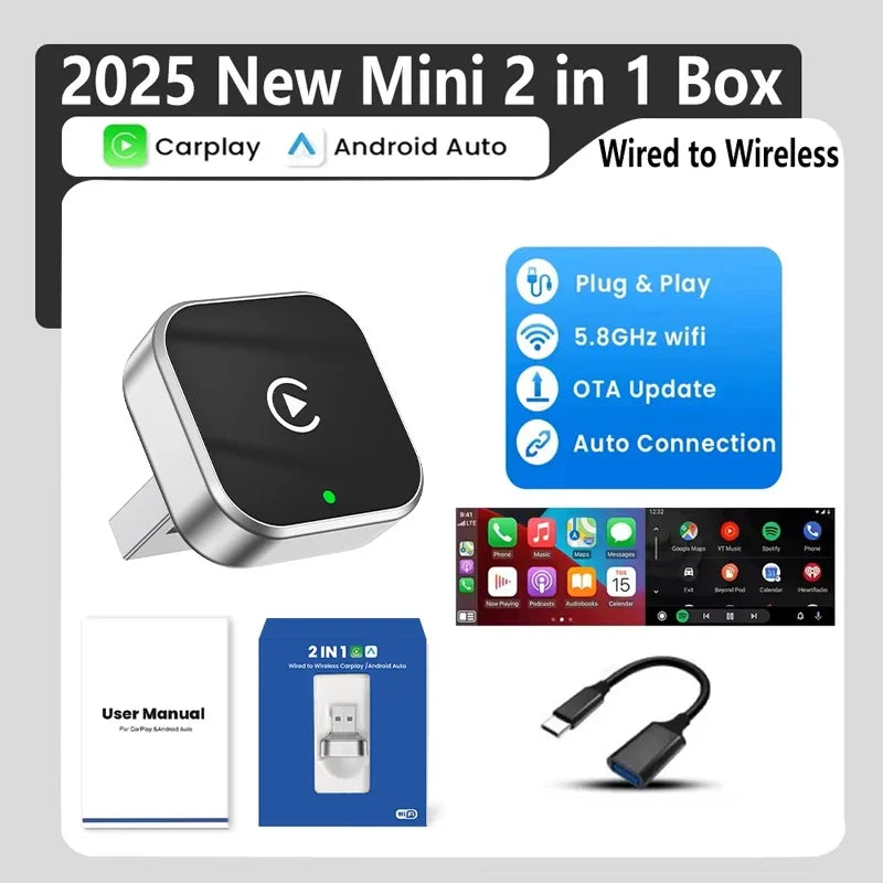 Wireless CarPlay & Android Auto Adapter Universal Plug & Play USB Dongle MiNi for VW, Toyota, Nissan, Honda, Ford, Benz & More Oasis Select Silver