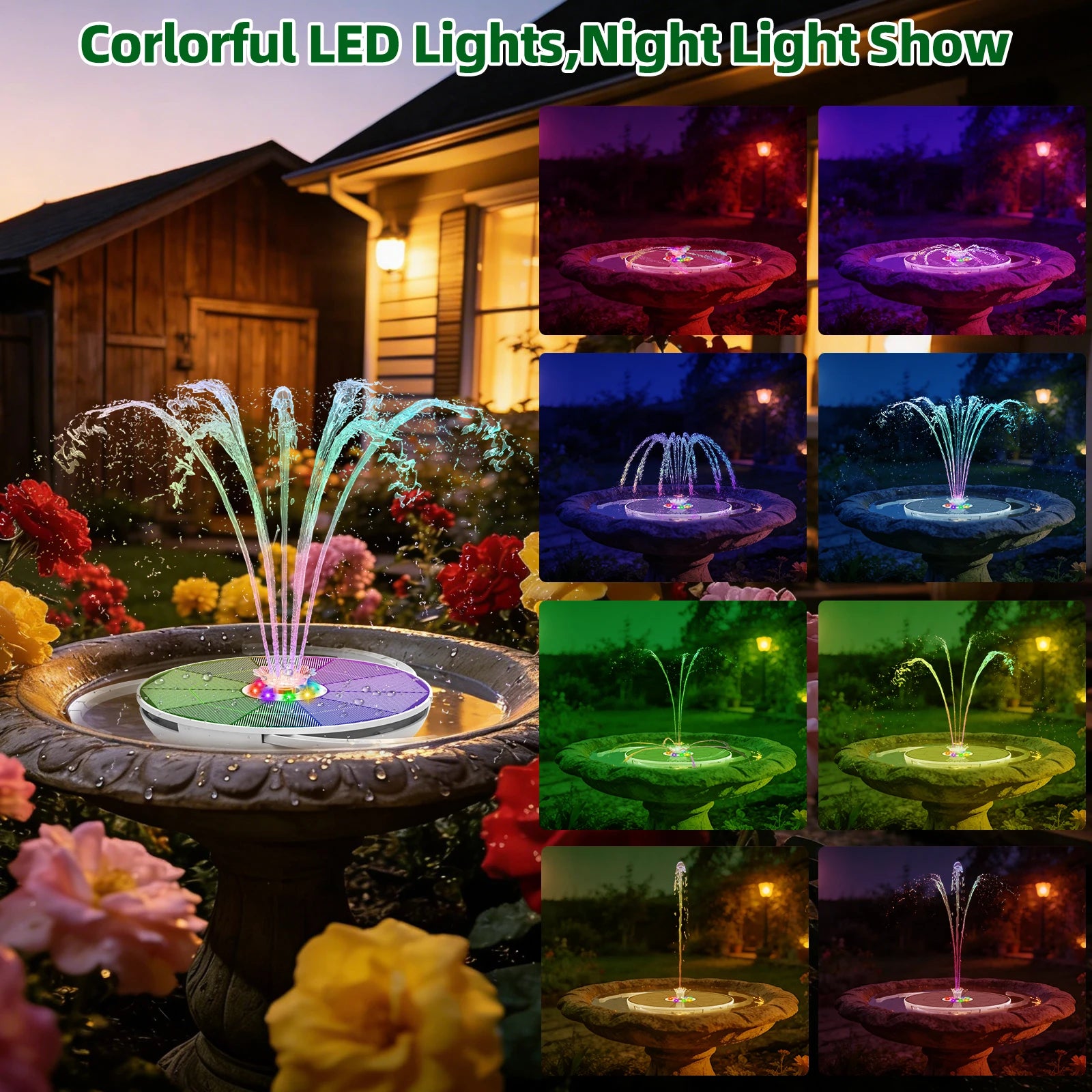 6.5W Solar Water Fountain with LED Colorful Lights & 3000mAh Battery, DIY Solar Bird Bath Fountain Pump, For Bird Bath Garden Oasis Select