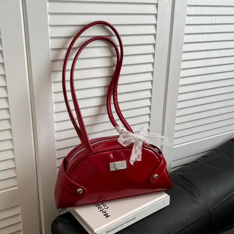 Women Casual PU Leather Tote Handbag Bow Leisure Armpit Handbag Solid Color Travel Underarm Handbag Female Dating Bag Oasis Select Red