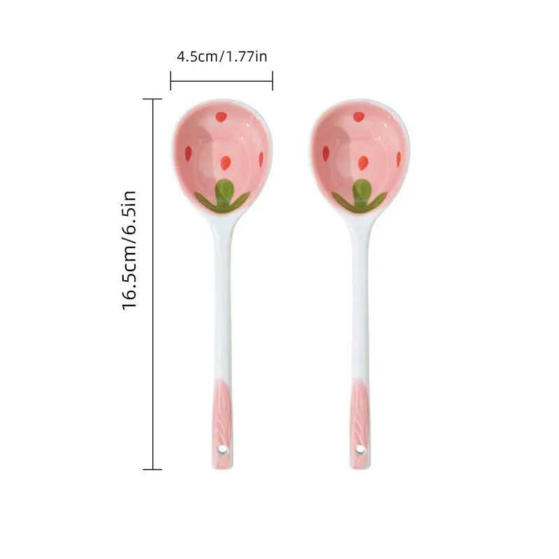 Kitchen Accessories Kawaii Strawberry Ceramic Soup Spoon Cute Korean Ice Cream Hand Painted Coffee Dessert Long Handle Spoon Oasis Select Pink 2PCS