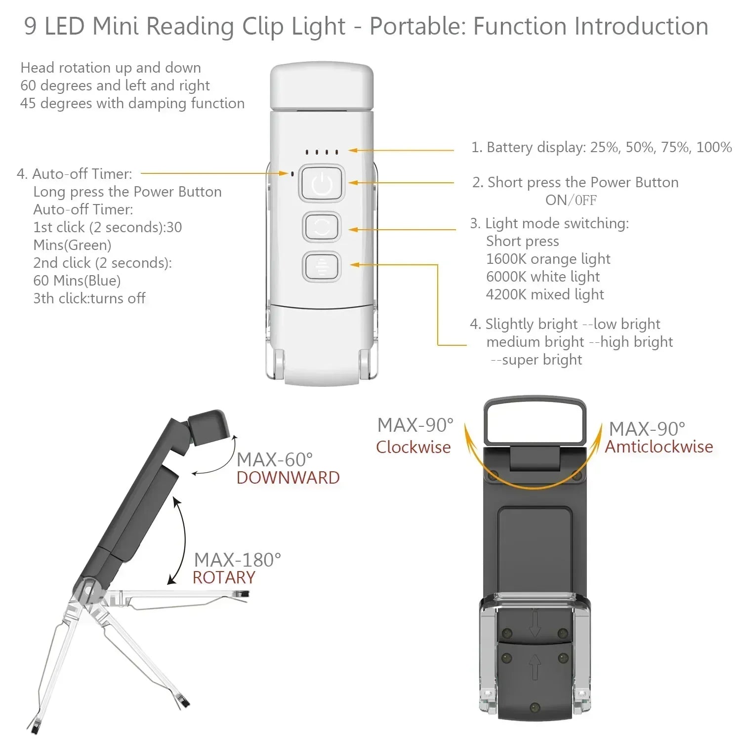 USB Rechargeable Reading Light Portable Clip-on LED Bookmark Lamp 3 Colors 5-Level Brightness Mini Book Light for Book Lovers Oasis Select