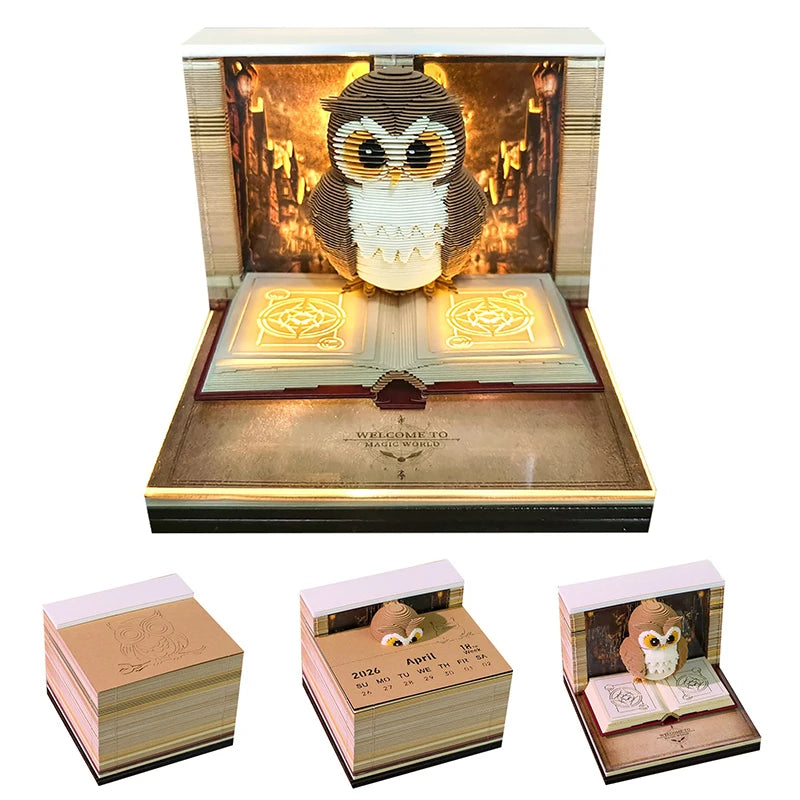 Time Piece Calendar 2026 Desk Calendar With Light 3D Magic Owl Calendar Paper Carving Art Memo Pad Notepad Gift for Christmas Oasis Select A