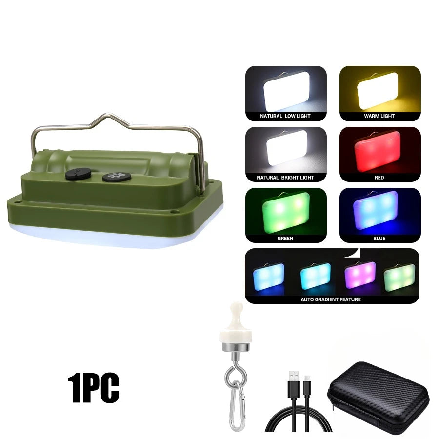 RGB LED Camping Lantern | 7 Modes, IPX6, Rechargeable Hook Light