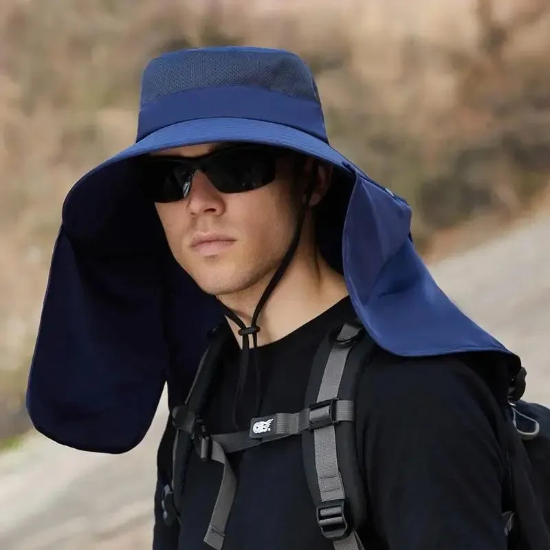 Fishing Hat for Men Summer Outdoor Sun Protection Cap with Neck Flap Wide Brim Fisherman Hat for Hiking Camping Beach Oasis Select Navy Blue-1PC