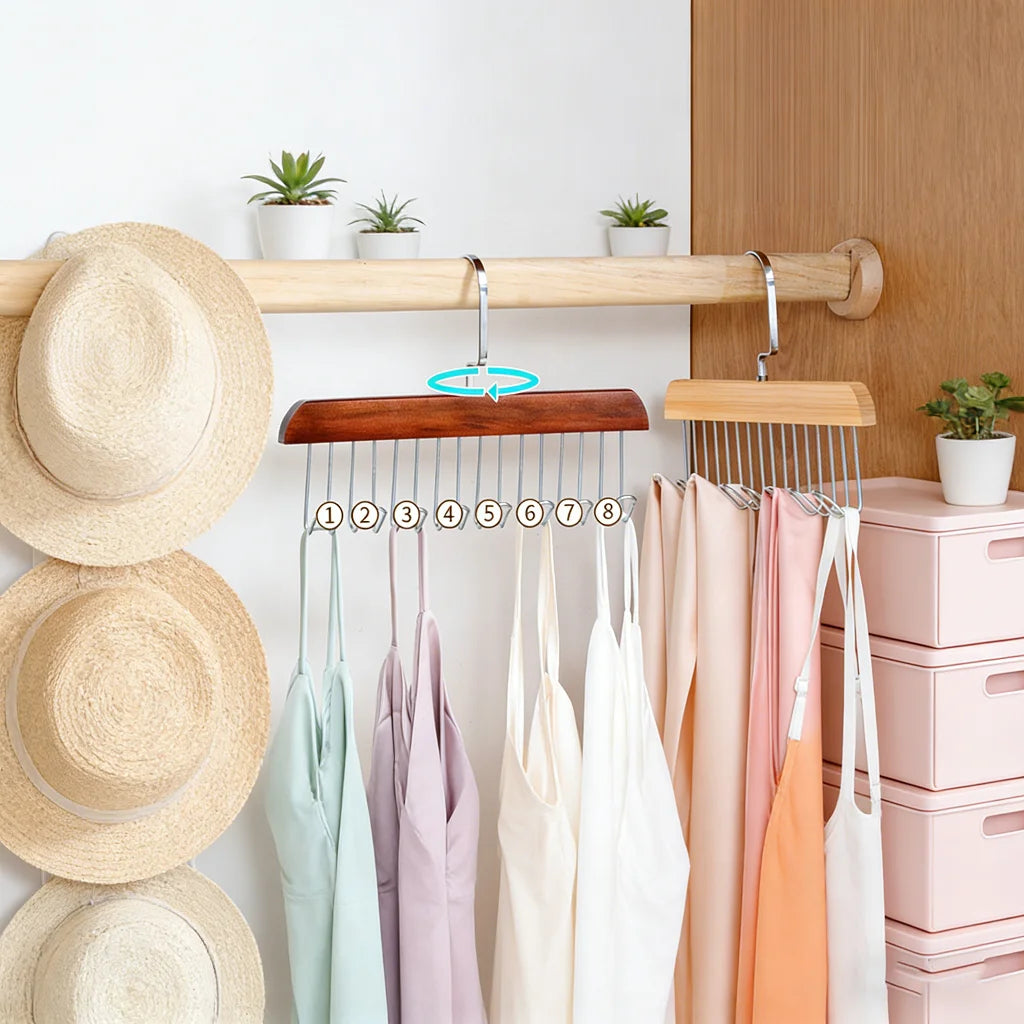 Multi-Layer Wooden Hanger with 8 Hooks | 360° Closet Organizer