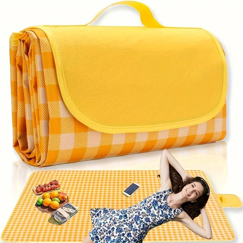 Sand Protection Picnic Blanket Yellow and White Checkered Design with Outdoor Picnic Mat Foldable Durable Non-Woven Fabric Oasis Select