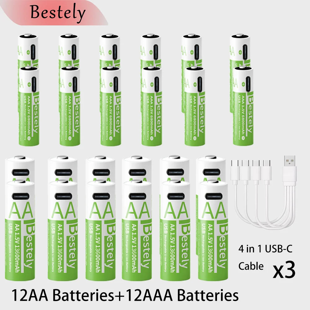 New1.5V AA 13600mAh + AAA 6800mAh Rechargeable Lithium Battery,USB-C Charge, 2000 Cycles，Low Self-Discharge Battery Oasis Select 24PCS 1.5V