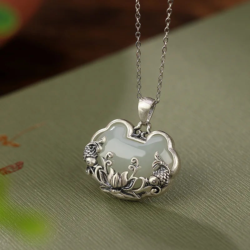 Cloud Pendant Necklace Double Fish Lotus Embossed Vintage Chinese Style Neck Jewelry Elegant Daily Outfit Matching Gift Oasis Select necklace