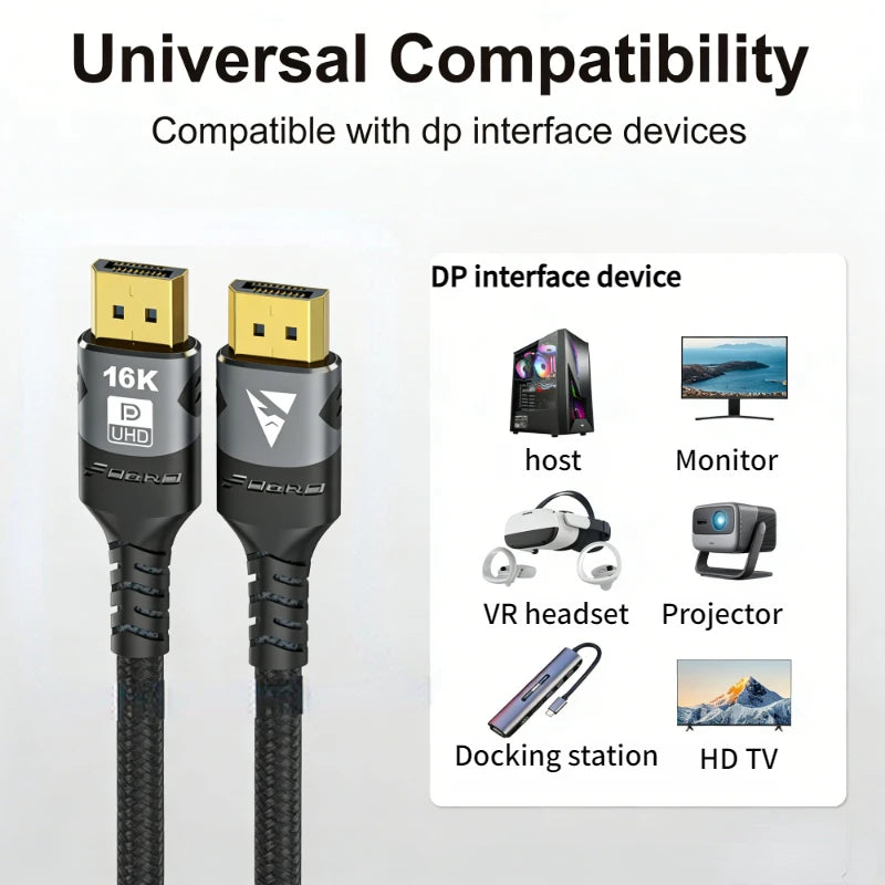 16K DP 2.1 8K@120Hz 4K@240Hz 80Gbps HDR Video Audio Displayport Cable Display Port for Laptop TV Xbox Projector Gaming Monitor Oasis Select