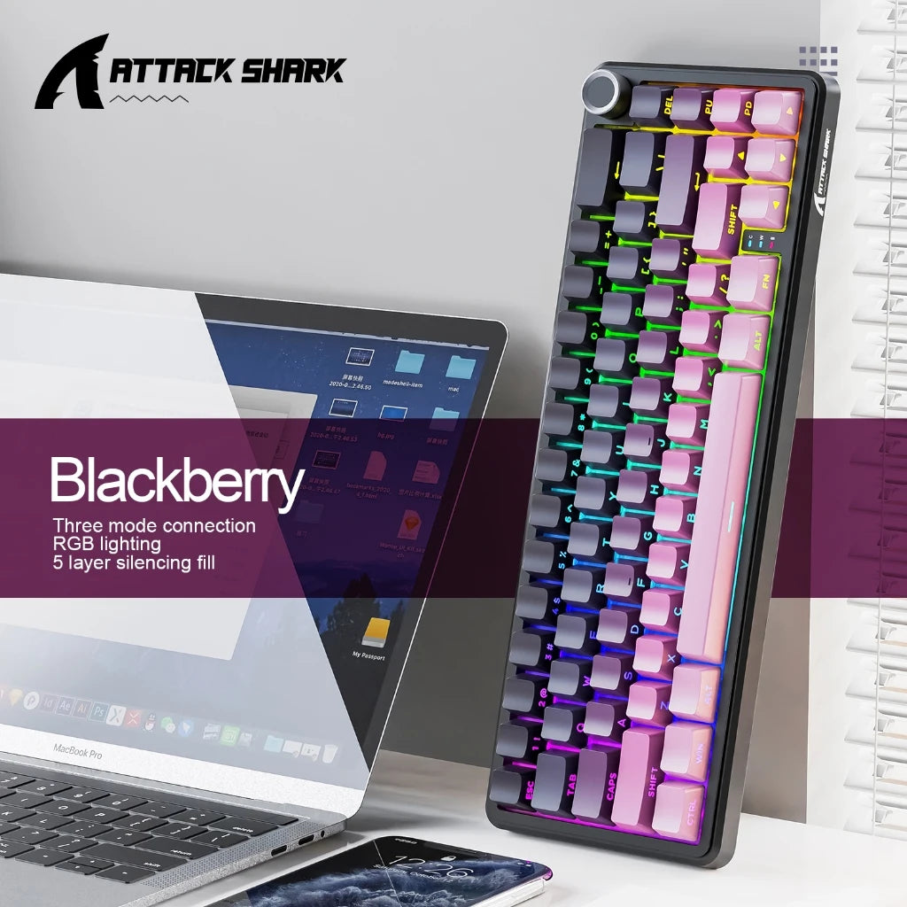 ATTACK SHARK X66 Mechanical Wireless Keyboard | 66-Key Gasket Tri-Mode, Hot-Swap RGB, 3000mAh & CNC Knob for PC/Mac Oasis Select X66-Blackberry
