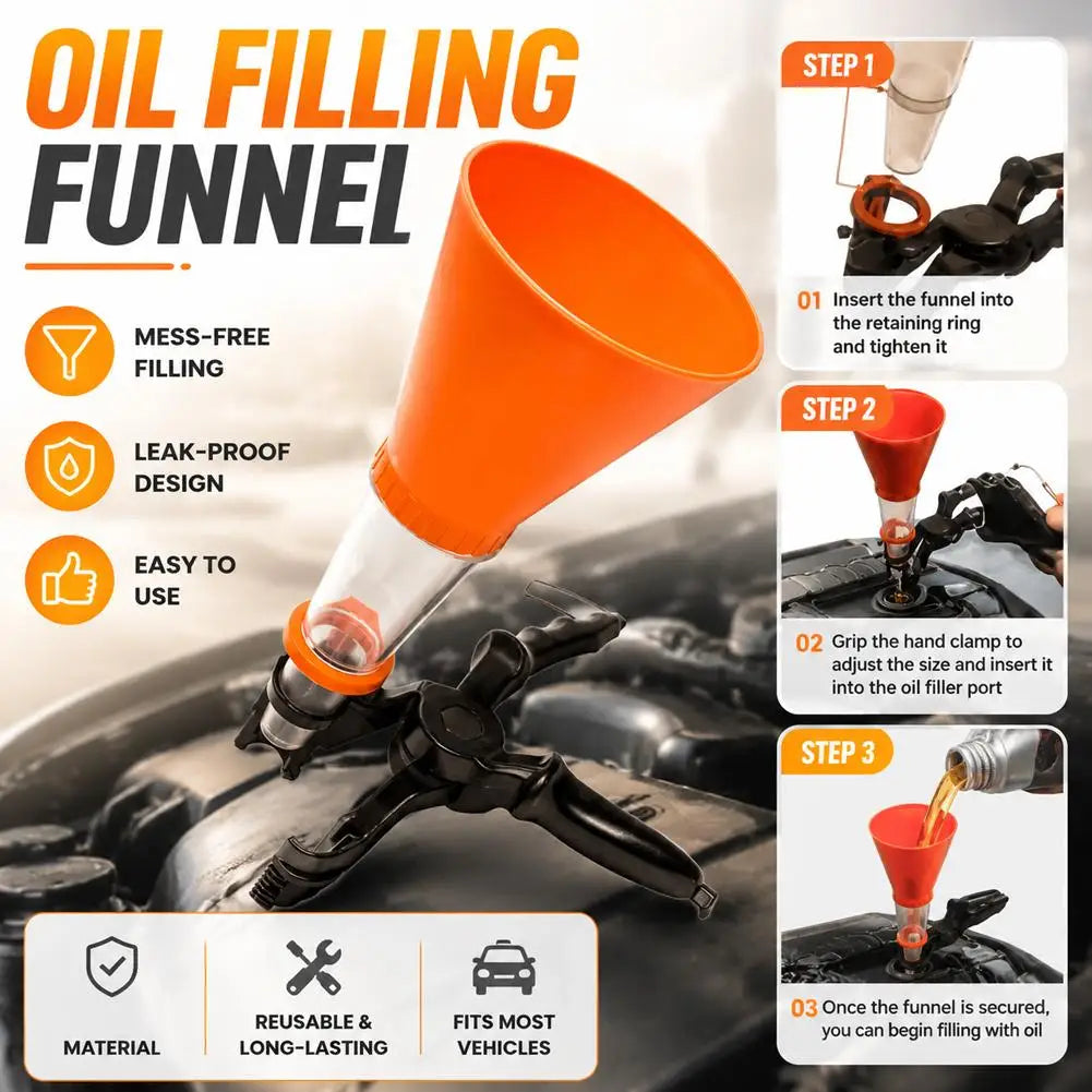 Hands-Free Engine Oil Funnel with Self-Locking Clamp – Universal