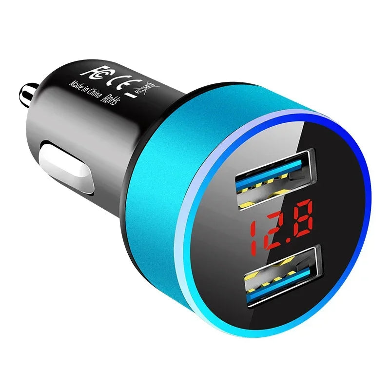 1/2pcs Car Charger For Cigarette Lighter Smart Phone USB Adapter Mobile Phone Charger Dual USB Digital Display Voltmeter Oasis Select Blue