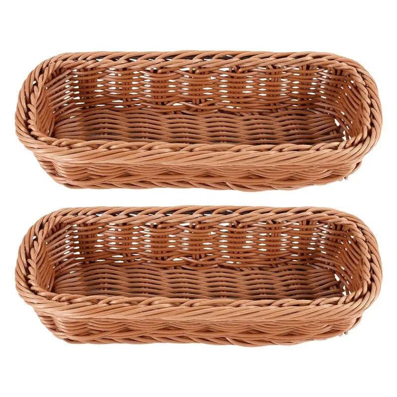 LIKE WISH 2Pc Rattan Plastic Basket Cutlery Basket Rectangular Storage Box Cutlery Fork Chopsticks Bread Cake Fruit Storage Oasis Select