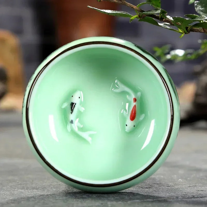 Tea Cup Ceramic 1PC Celadon Hand-painted Landscape Lotus Carp Tea Bowl Chinese Style Host Mountains and Waters Oasis Select