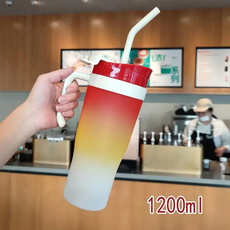 1200ml Large Capacity Gradient Frosted Sports Water Bottle Tumbler for Car Gym Outdoor Travel Reusable BPA Free Cup with Straw Oasis Select As Shown White