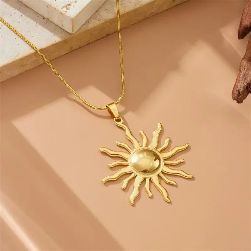 ZAKOL 316L Stainless Steel Golden Sun Pendant Necklace For Women Girl New Concise Solar Neck Chain Choker Jewelry Gift Oasis Select