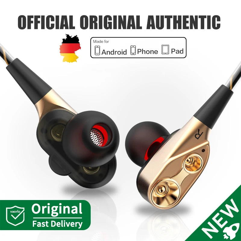 Double Moving Coil Headphones 3.5mm AUX With Mic Dynamic Headset In-Ear Music Gaming Sport Earbuds Bass Surround Shocking Sound Oasis Select