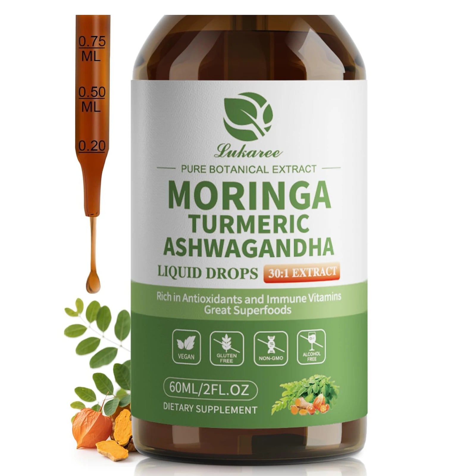 12-in-1 Organic Moringa Drops with Ashwagandha Turmeric Quercetin for Energy Immune Joint Digestive Metabolism, Vegan Non-GMO Oasis Select 60ml 5bottles United States
