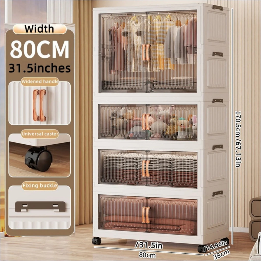80cm Foldable Double-Door Wardrobe-No Assembly Portable Closet, Large Capacity Storage for Bedroom/Living Room (Clothes/Quilts) Oasis Select 1Large 3Small Clear