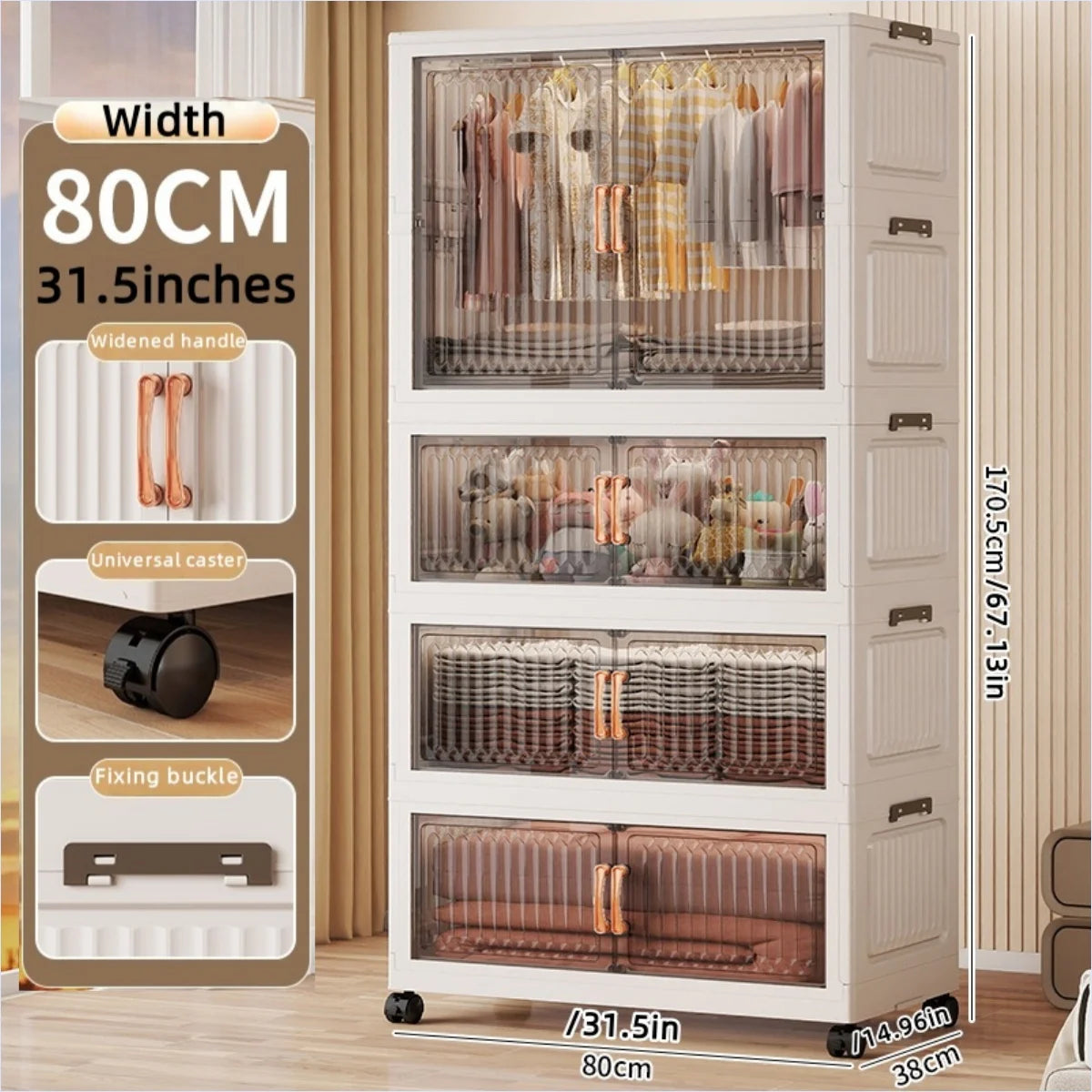 80cm Foldable Double-Door Wardrobe-No Assembly Portable Closet, Large Capacity Storage for Bedroom/Living Room (Clothes/Quilts) Oasis Select 1Large 3Small Clear