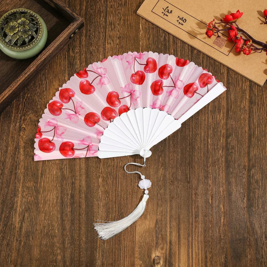Portable Fruit Pattern Folding Hand Fan Plastic Frame Fabric Fan With Tassel Summer Cooling Fans Dance Performance Home Decor Oasis Select 3