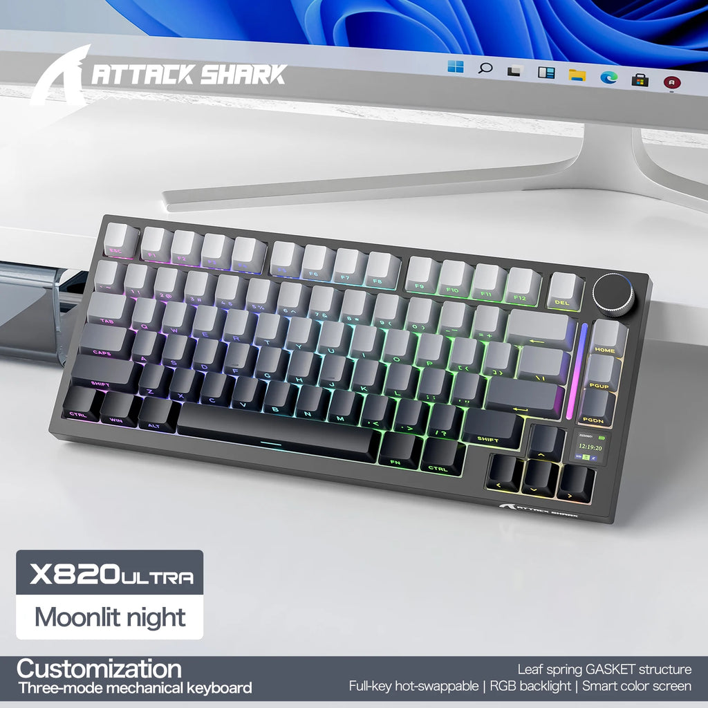 ATTACK SHARK X820 ULTRA 75% Tri Mode Mechanical Keyboard Gasket Mount 1.2mm PCB Slot Color Screen 4000mAh Battery Hot Swappable Oasis Select X820 Ultra Moonnight
