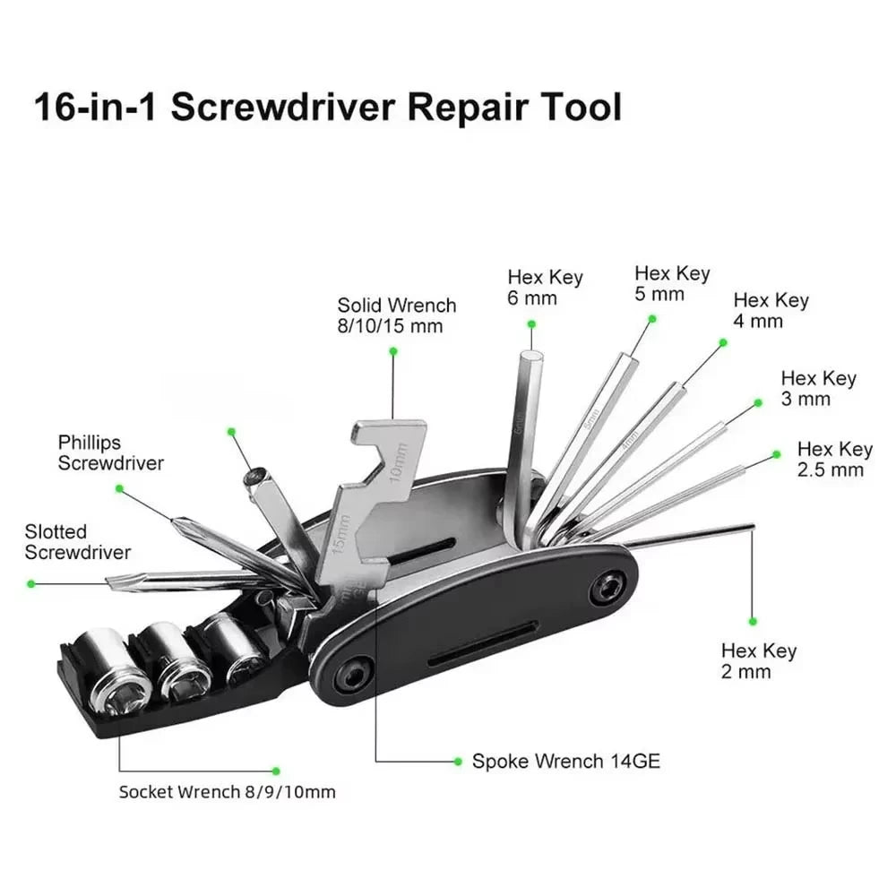 16 in 1 Portable Bicycle Repair Tools Kit Hex Wrench Nut Tire Screwdriver Motorcycle Bicycle Repair Tools Oasis Select 16-in-1