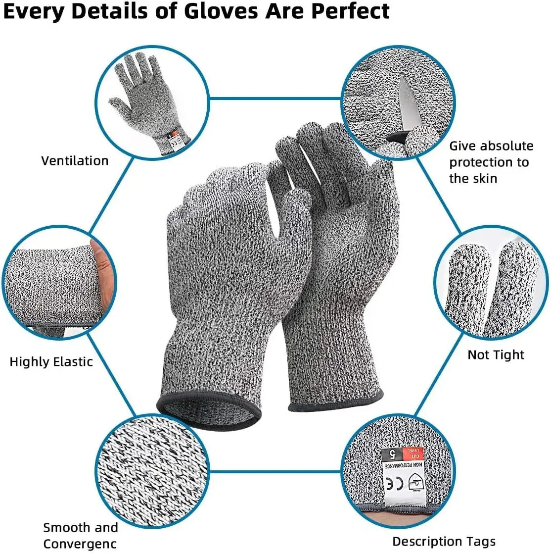1Pair Grade 5 Cut Resistant Gloves Kitchen HPPE Scratch Resistant Glass Cutting Safety Protection for Gardeners Oasis Select