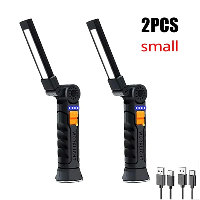 Portable COB LED Flashlight Rechargeable Work Light with Magnetic Lanterna Hanging Lamp with Built-in Battery Camping Torch Oasis Select Small 2PC